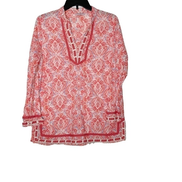 Saint Tropez West Tops - Saint Tropez West  long sleeve coral colored tunic blouse. V neckline. Size L